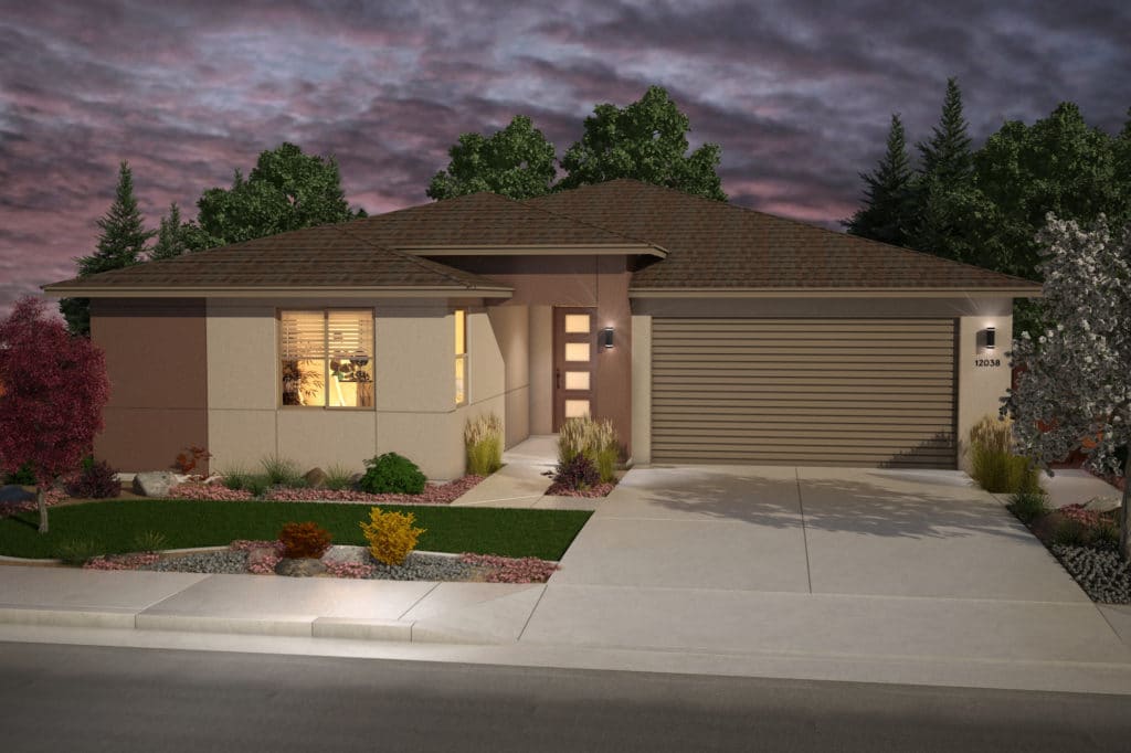 The garage, driveway and front walkway of a new home in Reno