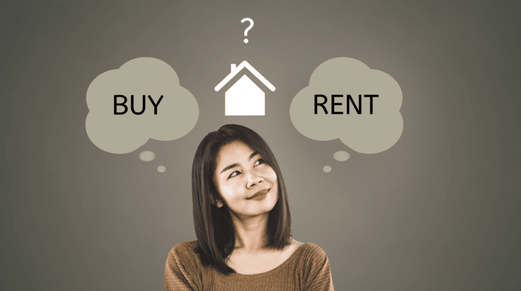 Image of a woman with a home icon above her head and two cartoons thought bubbles on either side depicting two choices: “rent” or “buy”.