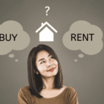 Image of a woman with a home icon above her head and two cartoons thought bubbles on either side depicting two choices: “rent” or “buy”.