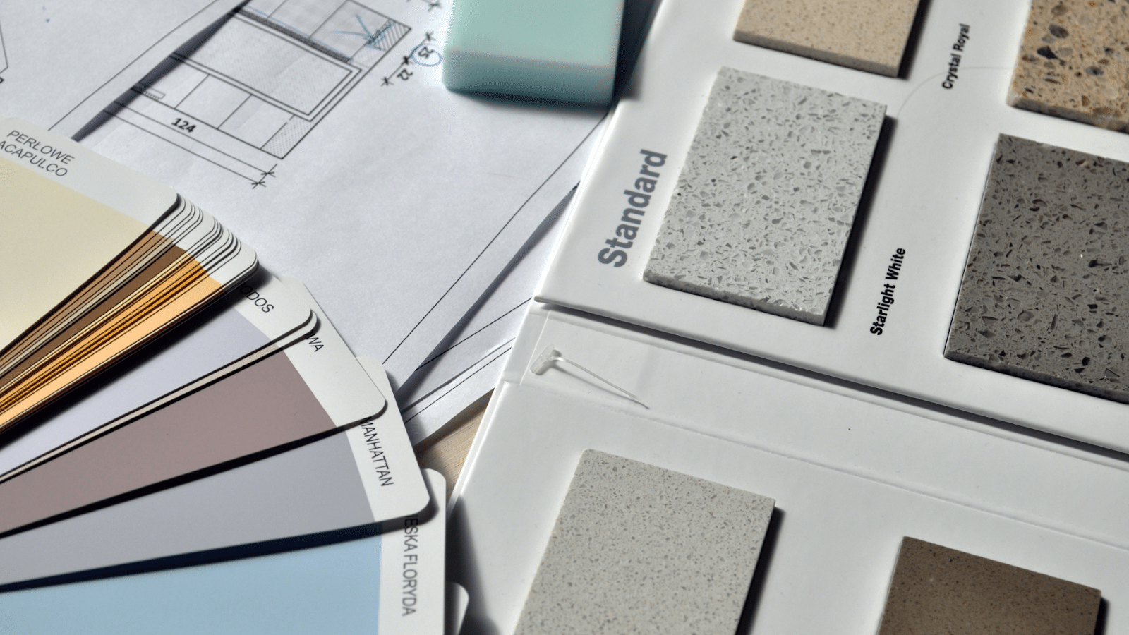 Color pallet options with tile and floor plan options.