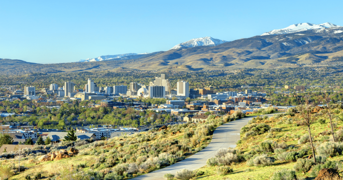 A sunny day with a beautiful view of the city and the mountains in Reno, Nevada