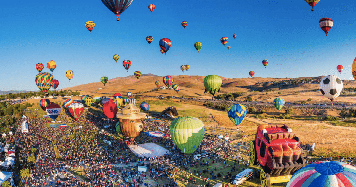 A photo of the Great Reno Balloon Race, a free community event in Reno, Nevada.
