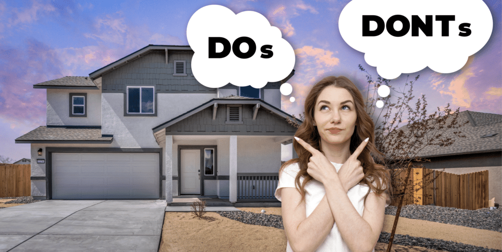 Woman in front of Jenuane House with thought bubbles saying Dos and Don'ts